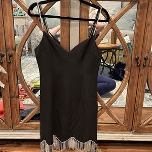 V Neck Black Dress with Rhinestone Fringe